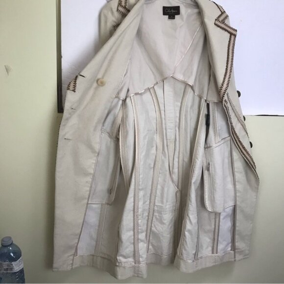Cole Haan Cotton Lambskin Leather Detail Boho Trench Coat Jacket Fitted Pockets - Picture 4 of 16